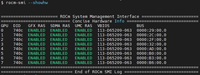 rocm-smi --showhw output on an 8*MI200 system