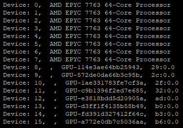 rocm-bandwidth-test output fragment on an 8*MI200 system listing devices