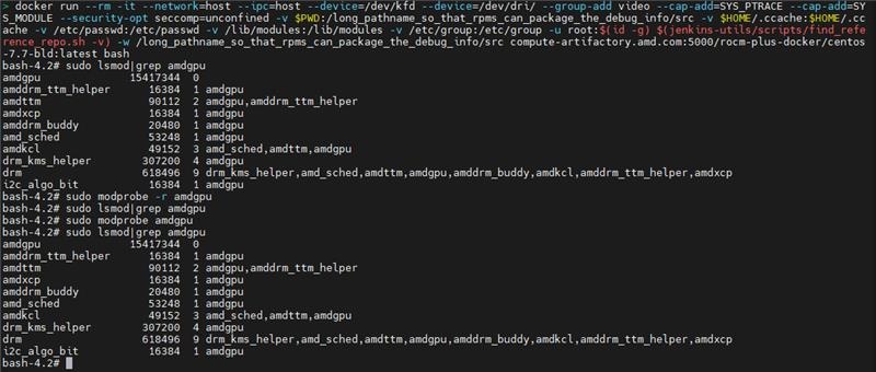 Command line example of running a Docker container for AMD SMI